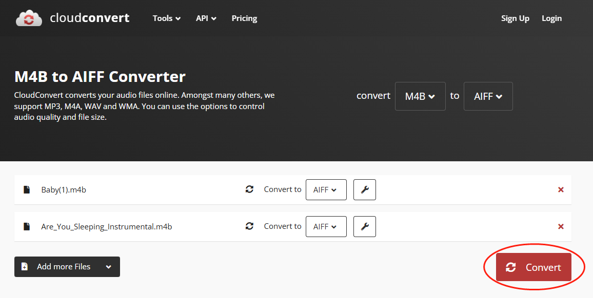 Click on Convert in CloudConvert to begin the conversion from M4B to AIFF