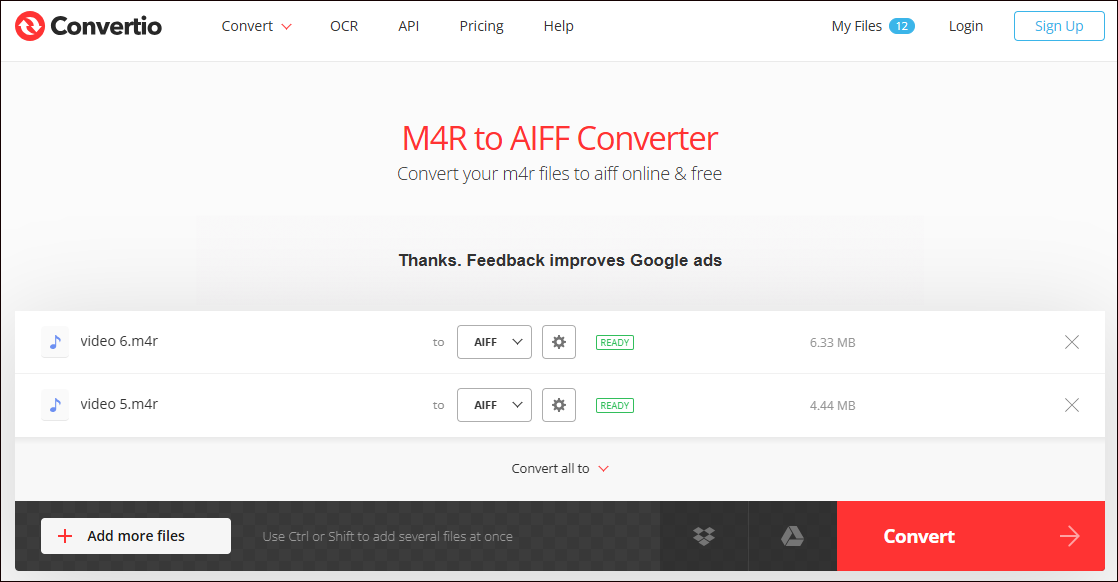 Click on Convert in Convertio to begin the conversion from M4R to AIFF