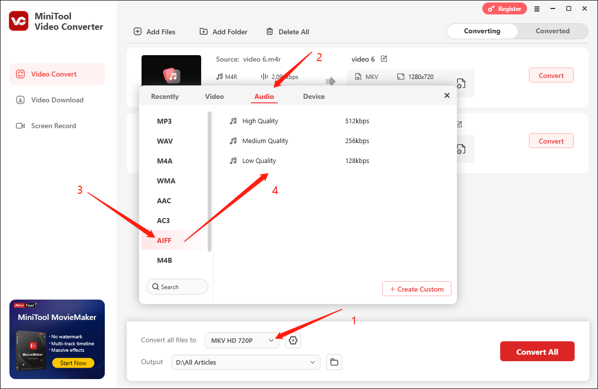 Expand the Convert all files to option in MiniTool Video Converter and choose AIFF as the output format