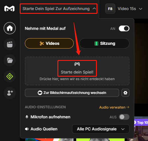 klicken Sie auf der Medal-Startseite auf die Option „Starte Dein Spiel zur Aufzeichnung“