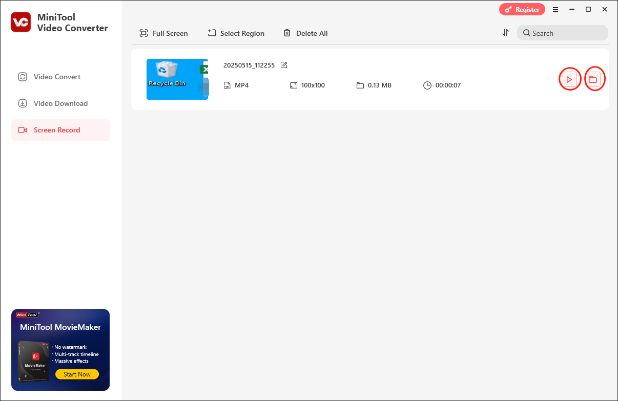 Click on the folder or triangle icon in MiniTool Video Converter to manage your recording file