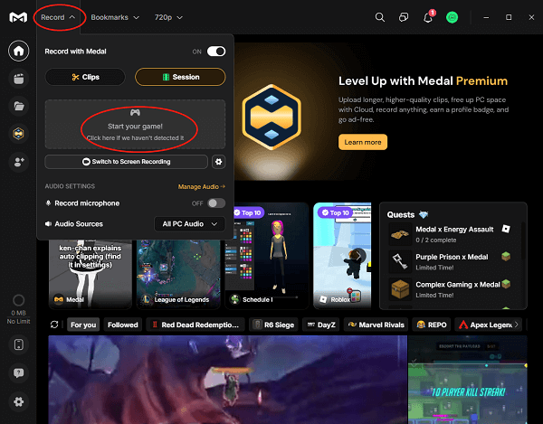 Click on the Start your game! region in Medal to begin the detection process