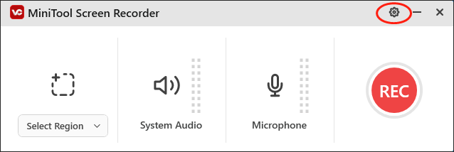 Click on the gear icon in MiniTool Screen Recorder to enter the Settings interface