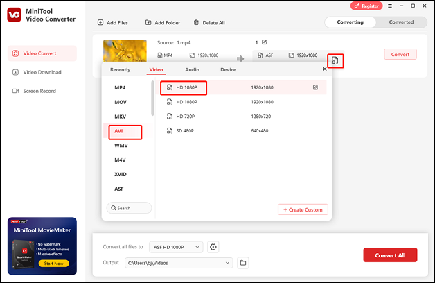 Select AVI as the output format in MiniTool Video Converter for format conversion