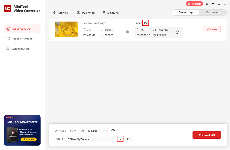 Rename the output file and choose an output folder in MiniTool Video Converter