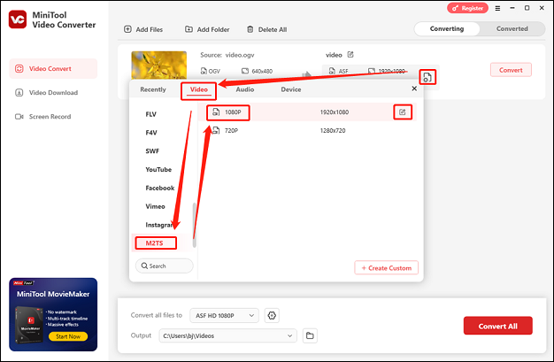 Choose M2TS as the output format for conversion in MiniTool Video Converter