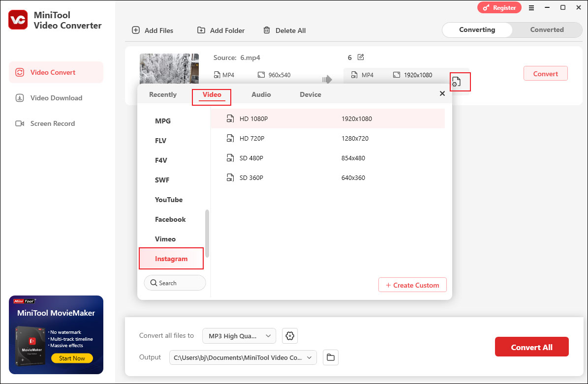 Click the Output Setting icon to choose the preferred Instagram preset under the Video tab of MiniTool Video Converter