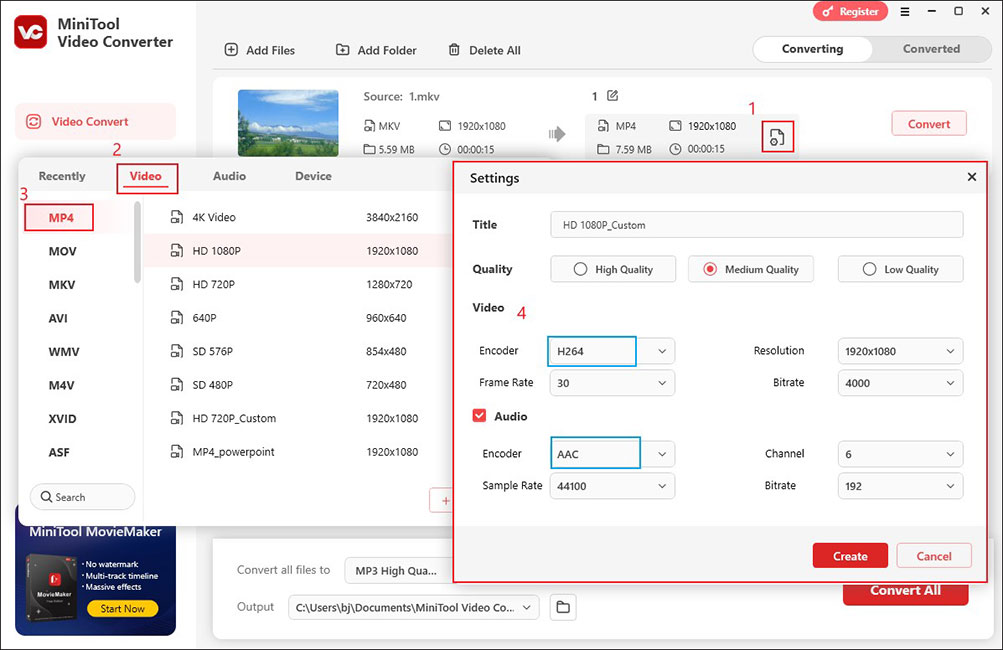 Click the Output Settings icon to open the output format window and choose MP4 under the Video tab of MiniTool Video Converter