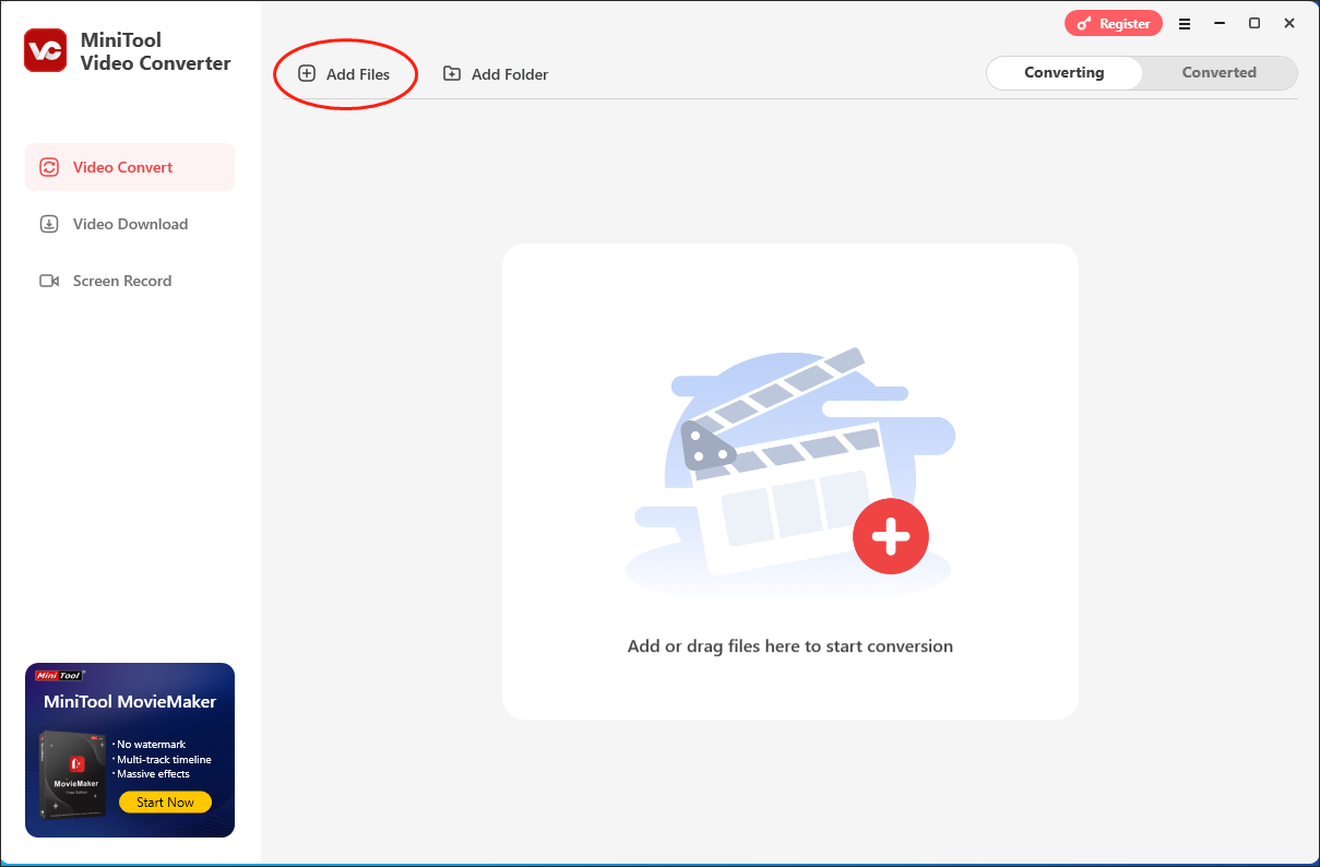 Click on Add Files in MiniTool Video Converter to import your MOV files