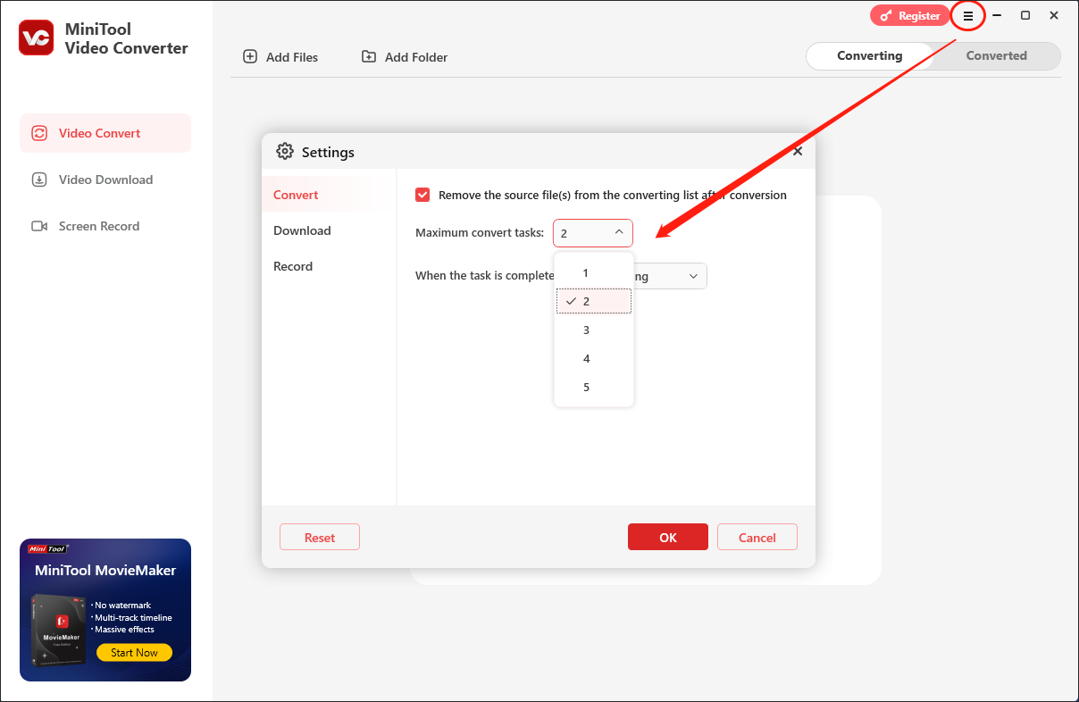 Click on the burger icon and the Settings option in MiniTool Video Converter to configure the number of conversion tasks