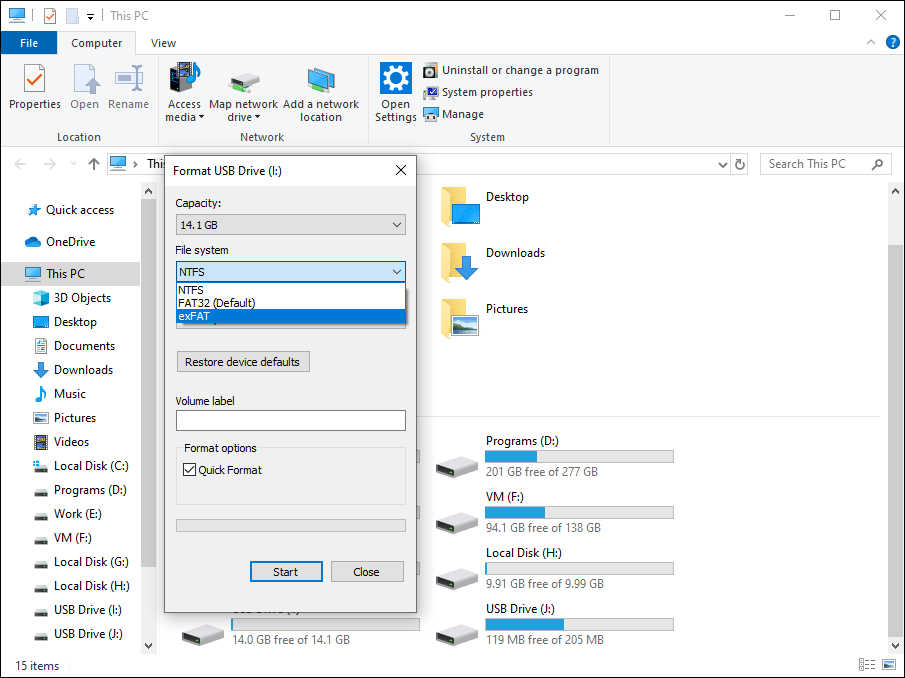 Choose exFAT as the file system in the This PC window