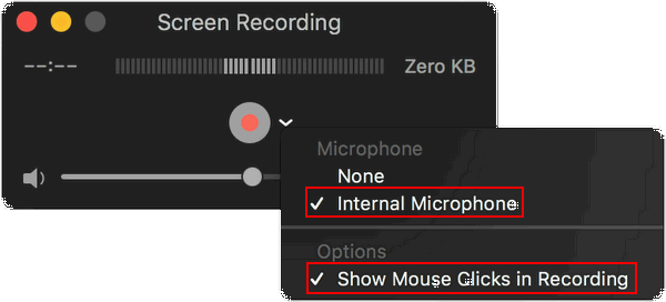 Select Internal Microphone and select Show Mouse Clicks in Recording