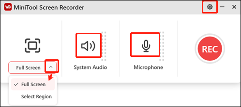 Control the recording area and audio source in MiniTool Screen Recorder for screen recording