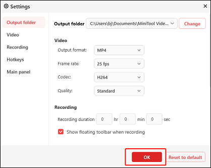 Change the frame rate, quality, hotkeys, etc. in MiniTool Screen Recorder for screen recording