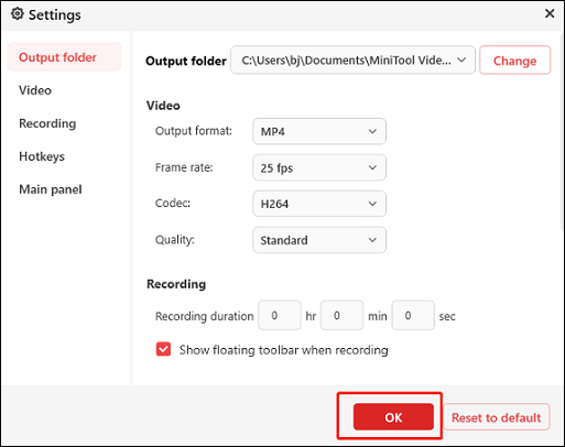 Customize frame rate, quality, hotkeys, and more settings in MiniTool Screen Recorder’s Settings window for screen recording