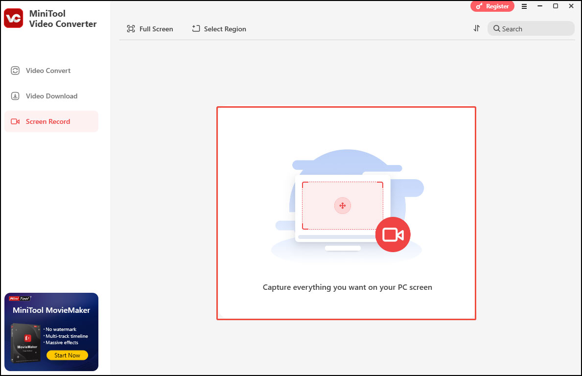 Under the Screen Record tab, click anywhere within the Capture everything you want on your PC screen area to open MiniTool Screen Recorder