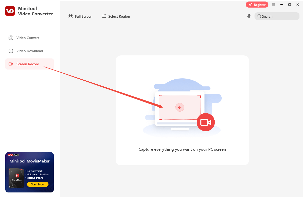 Switch to the Screen Record tab in MiniTool Video Converter and enable MiniTool Screen Recorder