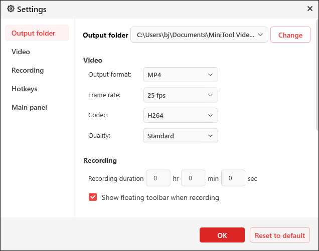 The Settings interface of MiniTool Screen Recorder