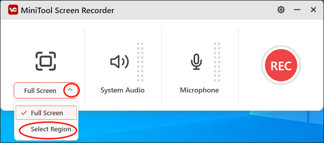 Expand the recording area option in MiniTool Screen Recorder and click on Select Region.