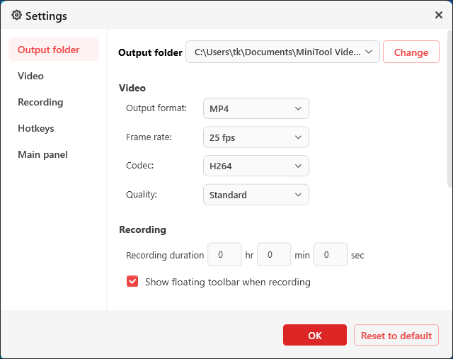 The Settings interface of MiniTool Screen Recorder