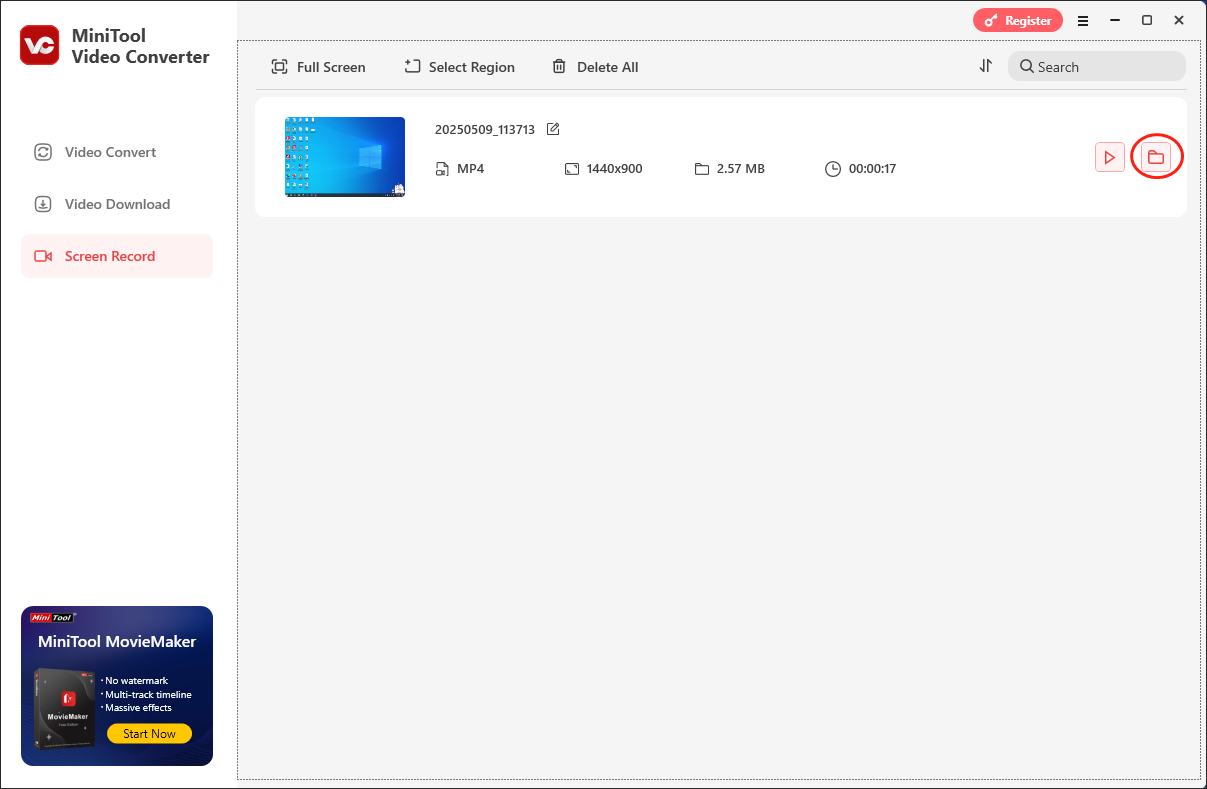 Click on the document icon in MiniTool Video Converter to locate and check your recording file