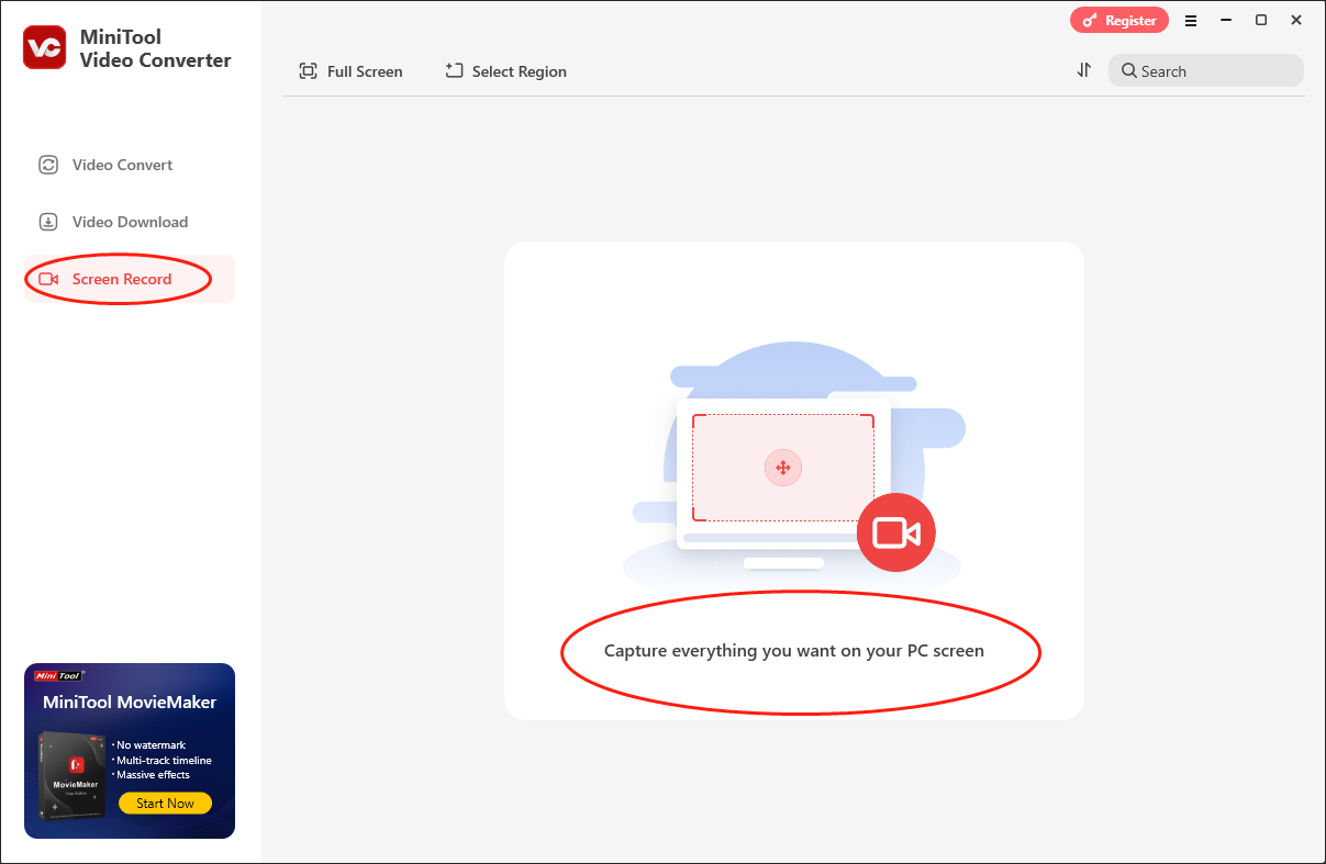 Click on Capture everything you want on your PC screen in MiniTool Video Converter to access the MiniTool Screen Recorder window