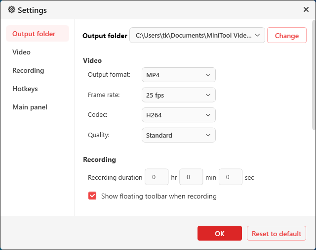 The Settings interface of MiniTool Screen Recorder
