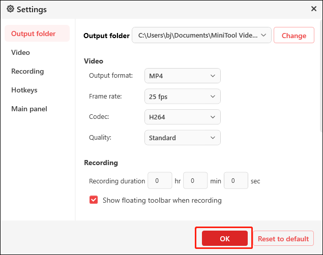 Adjust the frame rate, quality, and other settings in the Settings window for screen recording