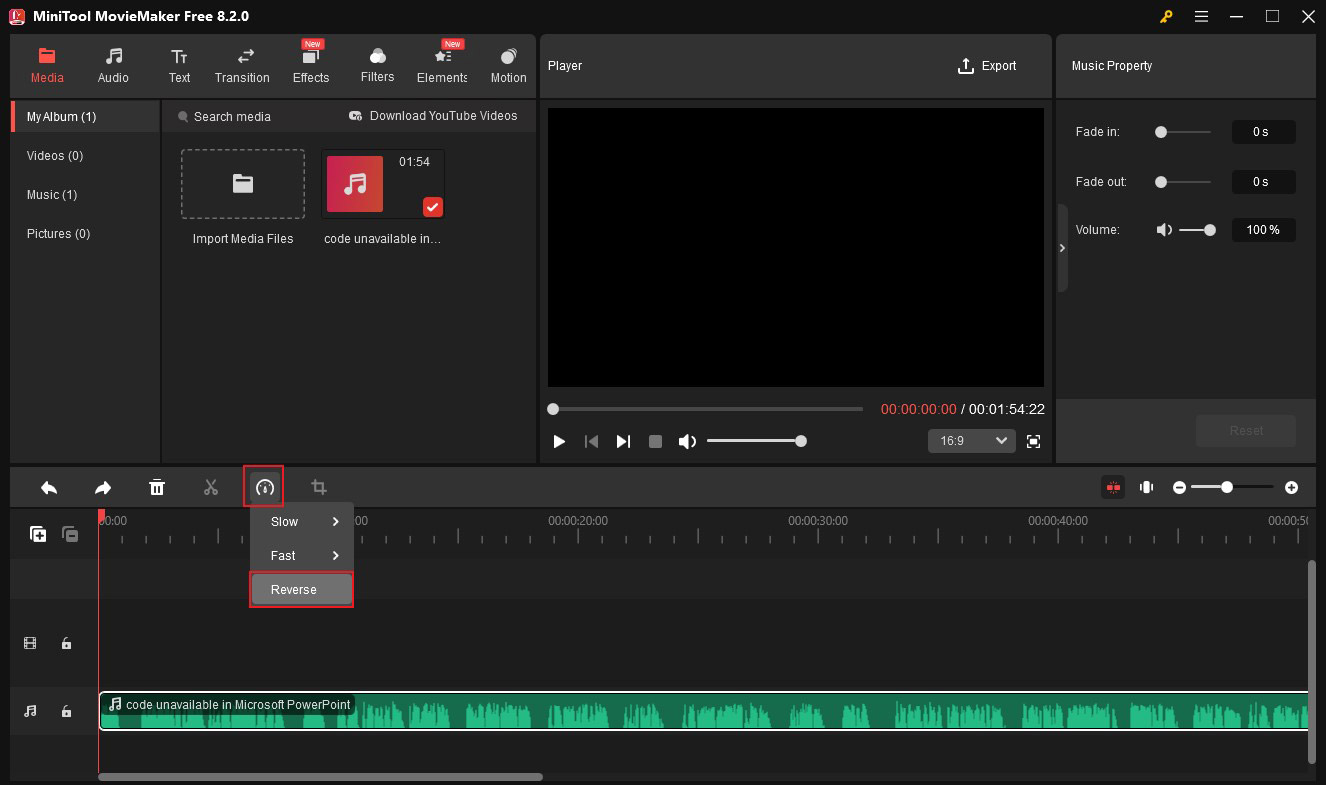 Click the Speed icon and choose the Reverse option to reverse audio in MiniTool MovieMaker
