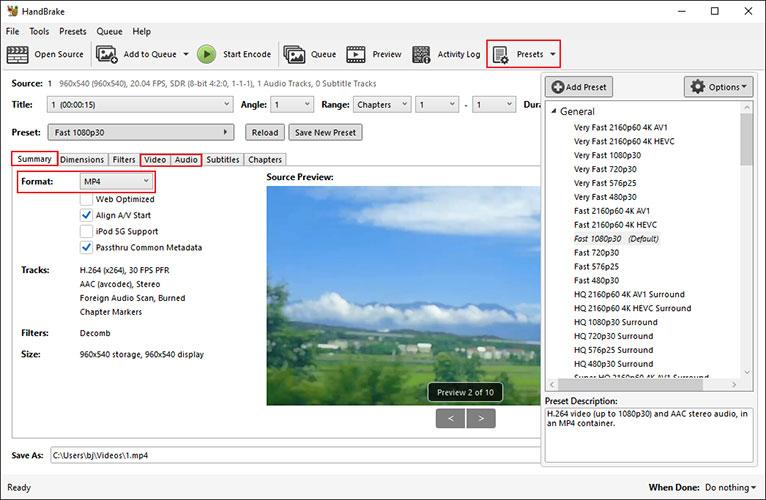 Choose MP4 in the Summary tab and go to Video and Audio tabs to adjust codecs and other parameters in HandBrake