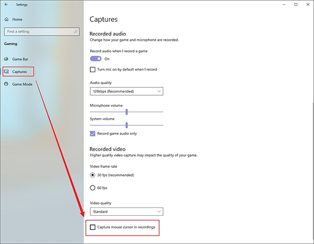 Untick the Capture mouse cursor in recordings option in the Settings window of your Windows PC