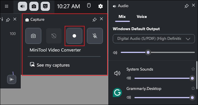 Click the Start recording icon in the Capture popup of Xbox Game Bar to start recording