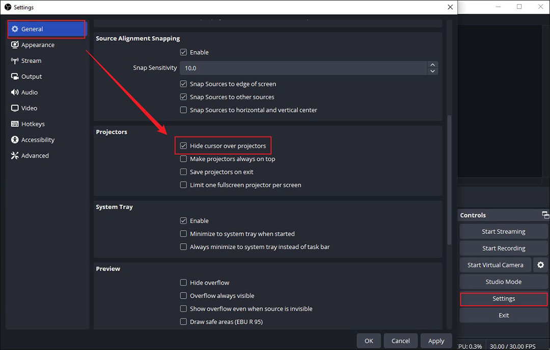 Tick the Hide cursor over projectors option in OBS