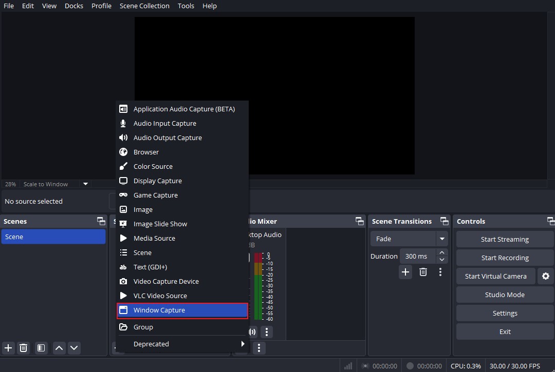 Choose the Window Capture option in OBS