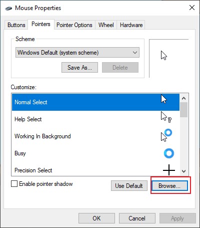 Choose the cursor you want to hide and click on Browse in the Mouse Properties window