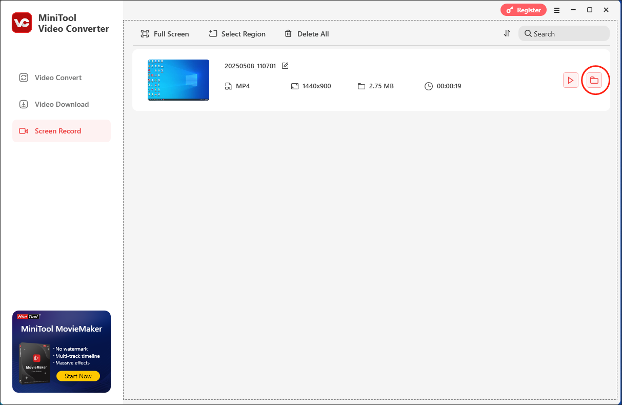 Click on the folder icon in MiniTool Video Converter to locate and check your recording file