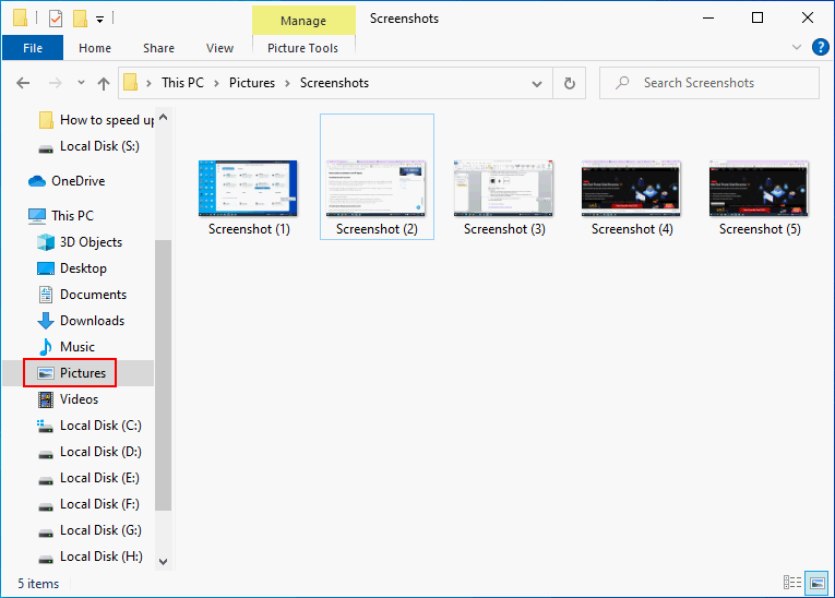 Choose the screenshot that you want to open in the Pictures folder