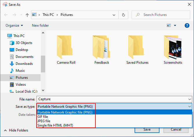Choose the file type that you want to save your screenshot