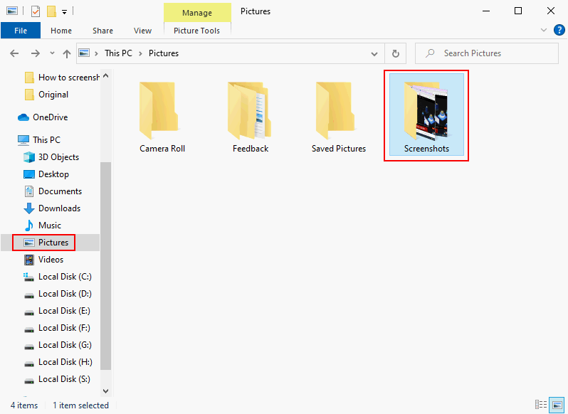 Click on Screenshots in the Picture folder on your PC