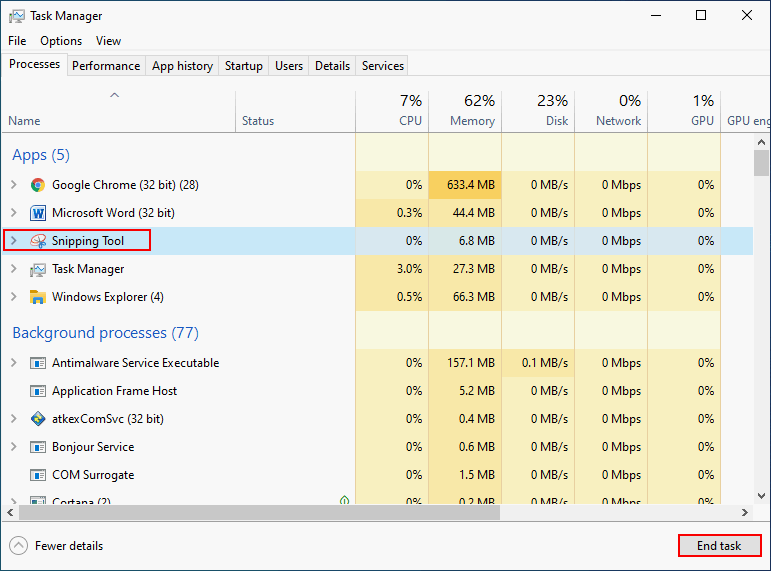 Click on the End task in Task Manager