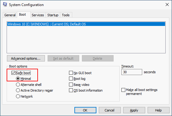 Check Safe boot and choose Minimal in the System Configuration window