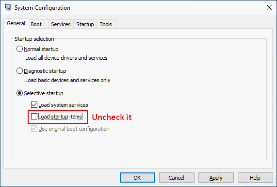 Uncheck the Load startup items