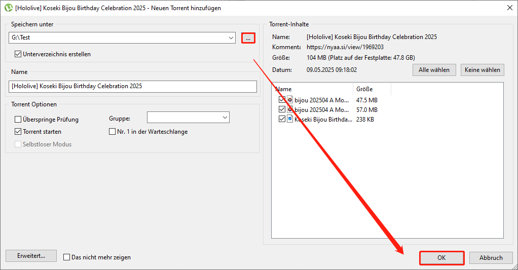 einen Speicherort für die Torrent-Datei in µTorrent auswählen und Dekodierung starten