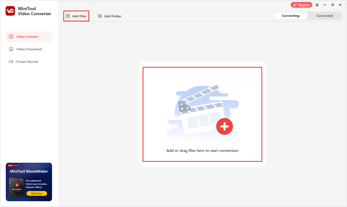 zum Importieren der Torrent-Dateien in MiniTool Video Converter klicken Sie auf „Dateien hinzufügen“