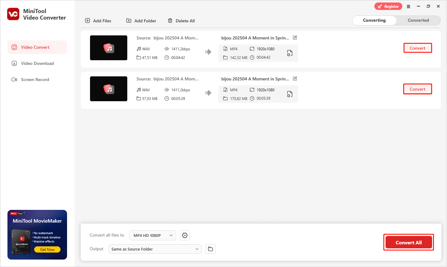 klicken Sie in MiniTool Video Converter auf „Alle konvertieren“, um mehrere Dateien gleichzeitig zu konvertieren