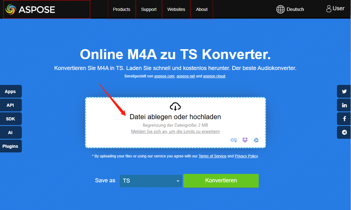 M4A-Dateien in ASPOSE importieren, indem Sie auf den Bereich „Datei ablegen oder hochladen“