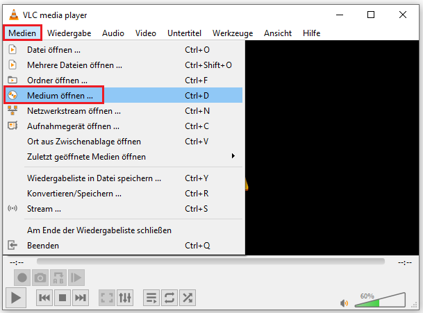 VCD in VLC importieren, indem Sie oben links auf „Medien“ und dann auf „Medium öffnen“ klicken