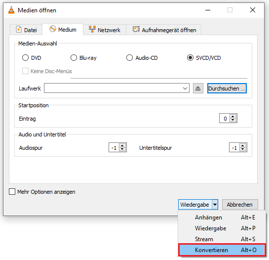 Dropdown-Menü neben „Wiedergabe“ erweitern und darin „Konvertieren“ wählen