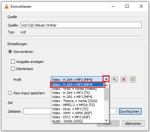 legen Sie MP4 in VLC als Ausgabeformat fest und klicken Sie auf „Start“, um die Konvertierung zu starten