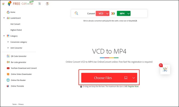 zum Importieren der zu konvertierenden VCD-Datei klicken Sie in Free Converter auf „Dateien auswählen“